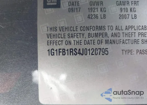 2018 Chevrolet Camaro 1Lt z USA, uszkodzony, nr VIN 1G1FB1RS4J0120795